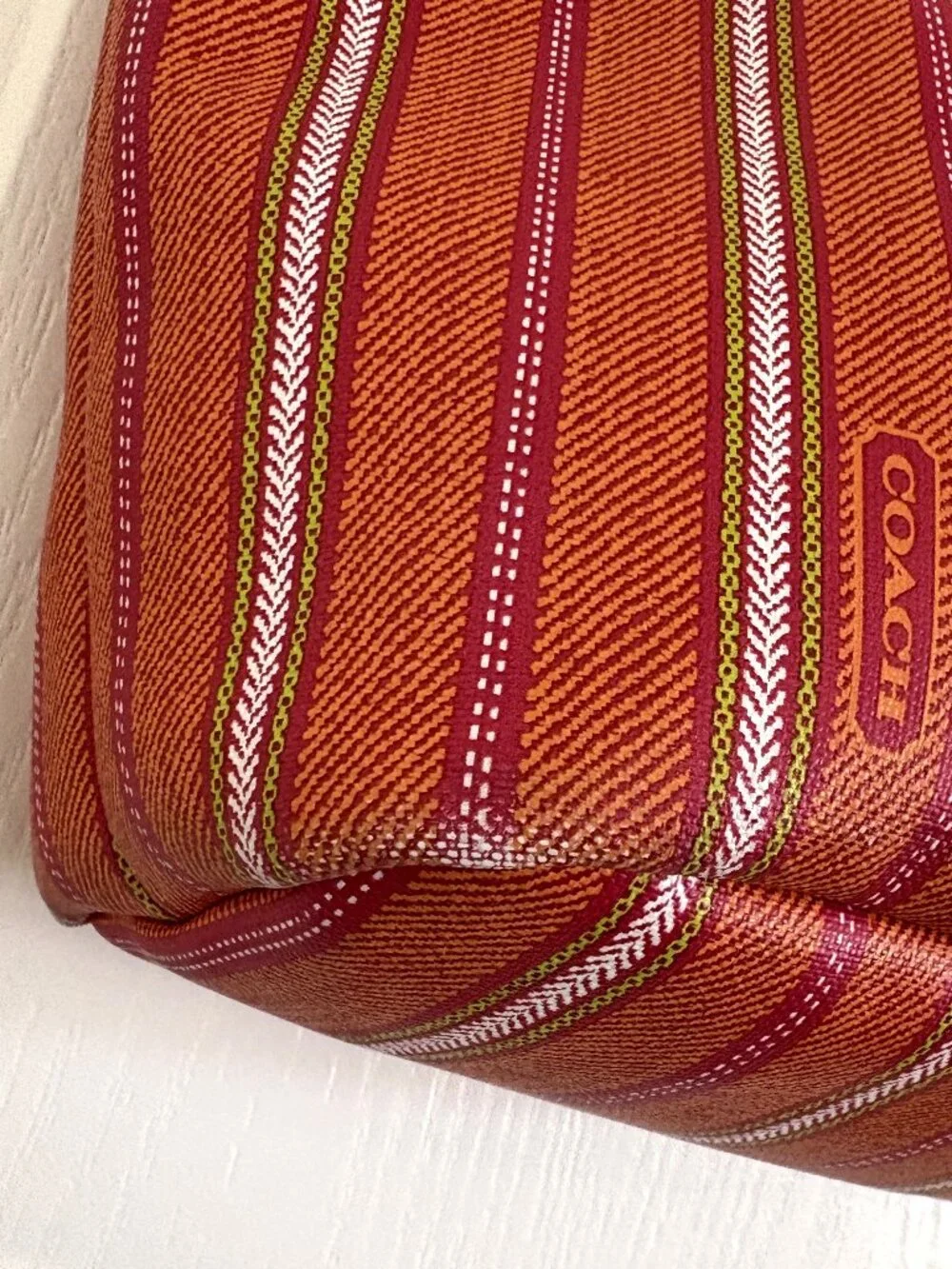 Coach Legacy Weekend Ticking PVC Tote Bag Handbag Pink Lime Orange Stripe 23108